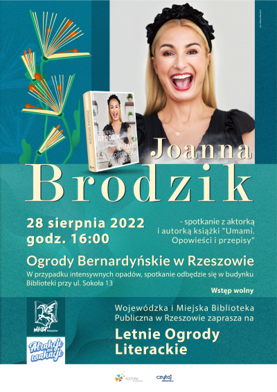 Grafika promująca Letnie Ogrody Lietrackie - spotkanie z Joanną Brodzik